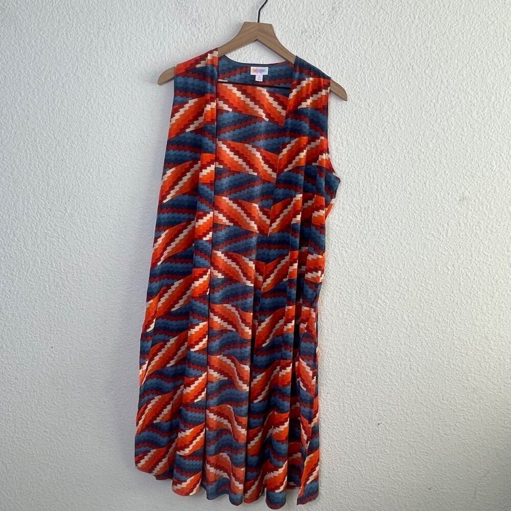 LuLaRoe Joy Duster Vest – Medium, Zig-Zag Orange/Blue/Red, Longline Sleeveless - Picture 4 of 9